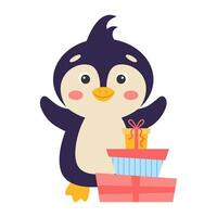 carino cartone animato pinguino con i regali. vettore illustrazione.