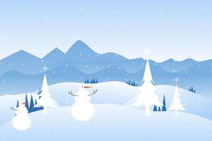 Due pupazzo di neve con ghiaccio alberi e inverno nevoso montagne paesaggio con colline e pini, con pupazzo di neve e inverno alberi neve su isolato blu sfondo concetto vettore