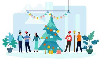 Natale festa nel il ufficio con il Natale albero, nuovo anno celebrazione con il squadra. squadra membri aziendale festa evento indossare divertente costumi. piatto moderno illustrazione. vettore