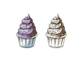 un' disegnato a mano colorato e monocromatico schizzo di congelato Yogurt o morbido ghiaccio crema, Cupcake nel un' tazza. Vintage ▾ illustrazione. elemento per il design di etichette, confezione e cartoline. vettore