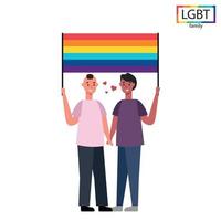famiglia lgbt due uomini che tengono una bandiera arcobaleno alla parata - vettore