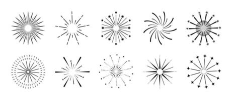 impostato di nuovo anno fuoco d'artificio vettore illustrazione. collezione di nero esplosione di stelle, luce del sole su bianca sfondo. arte design adatto per decorazione, Stampa, manifesto, striscione, sfondo, carta, coperchio, icona.