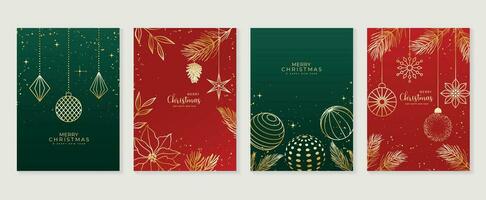 lusso Natale invito carta arte deco design vettore. Natale fronzolo sfera, pino cono, agrifoglio rametto linea arte su verde e rosso sfondo. design illustrazione per coperchio, Stampa, manifesto, sfondo. vettore