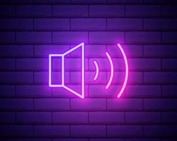 semplice icona del volume, altoparlante audio, simbolo del suono. stile al neon di colore sul fondo del muro di mattoni. icona lineare leggera con tratto modificabile vettore