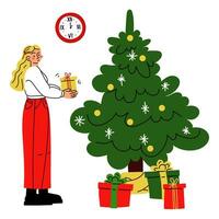 un' Natale illustrazione nel quale un' ragazza si apre un' regalo vicino un' Natale albero con regalo scatole. è tempo per dare i regali. disimballaggio un' regalo. vettore. i regali e sorprese. allegro Natale, nuovo anno vettore