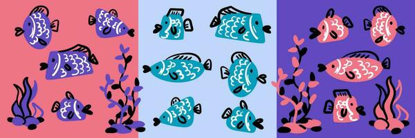 un' collezione di colorato vettore disegnato a mano carino pesce nel un' piatto stile. imposta nel diverso colori. vettore illustrazione per distintivo, logo, Stampa, icone, cartoline, emblemi, etichette. acquario per bambini
