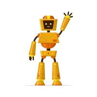 carino robot agitando con mano Esprimere a gesti Ciao isolato su bianca sfondo. divertente futuristico Bot con sorridente amichevole viso e schermo. umanoide macchina, adorabile cyborg. vettore