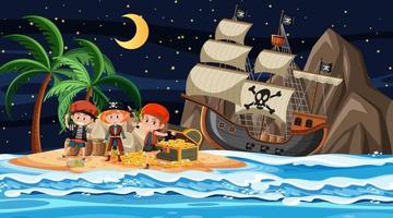 scena dell'isola del tesoro di notte con bambini pirata vettore