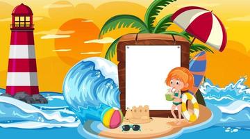 modello di banner vuoto con i bambini in vacanza sulla scena del tramonto sulla spiaggia vettore