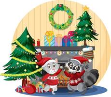 caminetto con simpatici animali e decorazioni natalizie vettore