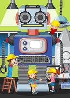 scena con bambini che costruiscono robot insieme vettore
