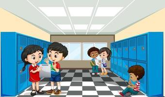 scena della scuola con il personaggio dei cartoni animati degli studenti vettore
