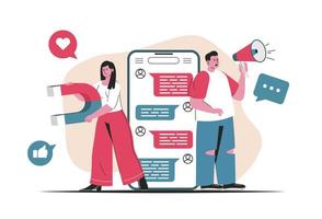 concetto di social media marketing isolato. attrarre nuovi clienti, promozione online. scena di persone nel design piatto del fumetto. illustrazione vettoriale per blog, sito Web, app mobile, materiale promozionale.