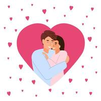 uomo abbracciare donna nel cuore. contento romantico coppia. concetto di il San Valentino giorno e famiglia giorno. vettore illustrazione.