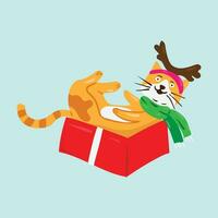 allegro Natale e contento nuovo anno carino gatto cartone animato. regalo scatola. saluto carta. divertente natale cartone animato vettore