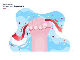 28 ottobre sumpah pemuda, illustrazione media del giorno dell'impegno della gioventù indonesiana con la mano che tiene la bandiera nazionale dell'indonesia. può essere utilizzato per biglietti di auguri, invtation, poster, web, social media di cartoline. vettore