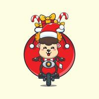 carino montone pecora trasporto Natale regalo con motociclo. carino Natale cartone animato personaggio illustrazione. vettore