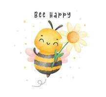 carino bambino miele ape con fiore acquerello cartone animato personaggio mano pittura illustrazione vettore. vettore