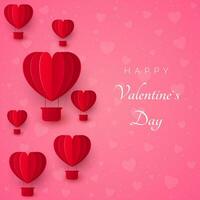san valentino giorno saluto carta con carta tagliare rosso cuore forma Palloncino volante su rosa sfondo con cuori vettore