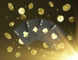 quad o quattro di un' genere di asso. casinò bandiera o manifesto nel reale stile. quattro nero poker carte con oro etichetta e caduta d'oro moneta su sfondo. vettore illustrazione