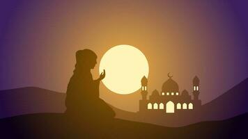 moschea paesaggio con preghiere musulmano silhouette vettore illustrazione. Ramadan scenario design grafico nel musulmano cultura e Islam religione. moschea paesaggio illustrazione, sfondo o sfondo