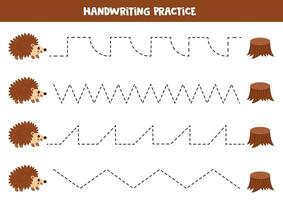 tracciato Linee per bambini. carino cartone animato riccio e albero ceppo. grafia la pratica. vettore