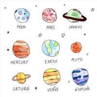 raccolta di pianeti dell'acquerello disegnato a mano di vettore. disegni. adesivi galassia disegnati a mano. vettore