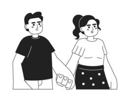 latino americano marito moglie Tenere mani nero e bianca 2d cartone animato personaggi. ispanico giovane adulti coppia ha aperto bocca isolato vettore schema le persone. romantico monocromatico piatto individuare illustrazione