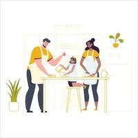 contento famiglia preparazione cibo nel il cucina. madre, padre e figlia cucinando insieme. piatto stile vettore illustrazione.