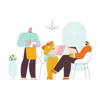 persone seduta a il tavolo nel bar, potabile caffè e parlando. vettore illustrazione nel piatto stile