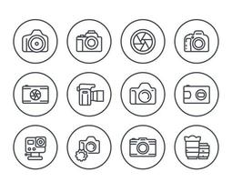fotocamera, icone della linea fotografica impostate su bianco, reflex digitale, apertura, fotocamera compatta e action, obiettivi
