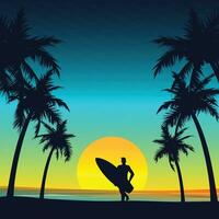 pendenza spiaggia tramonto paesaggio con palma albero sfondo vettore
