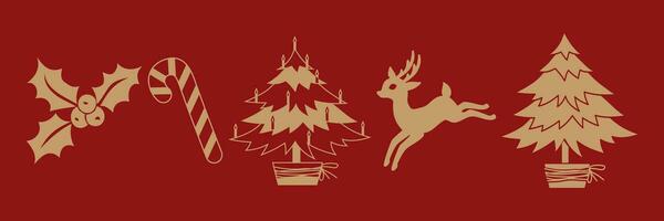 Natale e nuovo anno tradizionale simboli su un' rosso sfondo. renna, caramella canna, agrifoglio frutti di bosco, Natale albero. decorativo elementi per festivo design di inverno vacanze.vettore illustrazione. vettore
