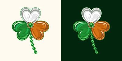 trifoglio, trifoglio per st Patrick giorno decorazione. trifoglio piace gioielleria smalto spilla. tradizionale nazionale colori di Irlanda. Vintage ▾ illustrazione. vettore
