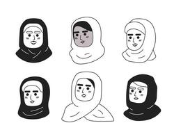 musulmano moda nero e bianca 2d vettore avatar illustrazione impostare. sciarpa hijab donne bella schema cartone animato personaggi facce isolato. foulard femmina piatto utenti profilo immagini collezione, ritratti