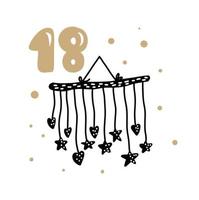 calendario dell'avvento di natale con simpatico vettore disegnato a mano scandinavo. illustrazione invernale di cuori e stelle nordici. ventiquattro giorni prima delle ferie. etno diciottesimo giorno