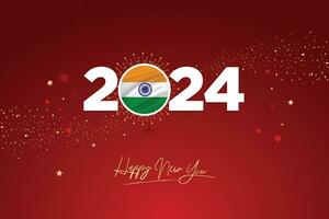 colorato contento nuovo anno Festival design striscione, nuovo anno 2024 logo con indiano bandiera su rosso-marrone coriandoli e stella sfondo, calendario 2024, sociale media nuovo anno striscione, inviare carta, saluti vettore
