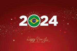 colorato contento nuovo anno Festival design striscione, nuovo anno 2024 logo con brasiliano bandiera su rosso-marrone coriandoli e stella sfondo, calendario 2024, sociale media nuovo anno striscione, inviare carta, saluti vettore