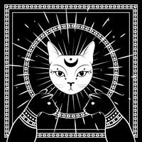 Gatti neri, faccia di gatto con la luna sul cielo notturno con cornice rotonda ornamentale. Magico, design occulto. vettore