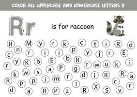 trova e punto tutti lettere r. educativo foglio di lavoro per apprendimento alfabeto. carino procione. vettore