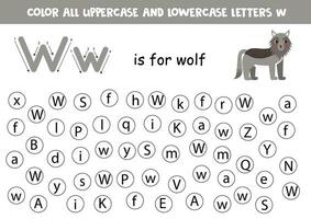 trova e punto tutti lettere w. educativo foglio di lavoro per apprendimento alfabeto. carino lupo. vettore