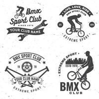 impostato di bmx estremo sport club distintivo. vettore. concetto per camicia, logo, Stampa, francobollo, tee con uomo cavalcata su un' sport bicicletta. Vintage ▾ tipografia design con bmx ciclista, bmx rocchetto e catena silhouette vettore