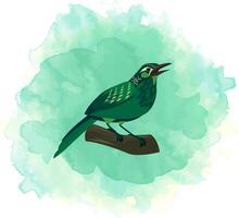 specie verde Corvo gazza uccello su Brach foglia. acquerello grunge disegnato a mano design con astratto verde sfondo. vettore