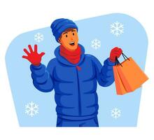 uomo nel un' inverno giacca con inverno cappello e sciarpa Tenere shopping borse vettore