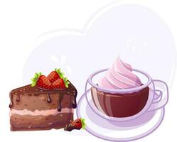 cioccolato torta e boccale di caldo cacao nel cartone animato stile. scarabocchio. vettore illustrazione per manifesto, striscione, sito web, annuncio. vettore illustrazione con colorato dolce dolce.