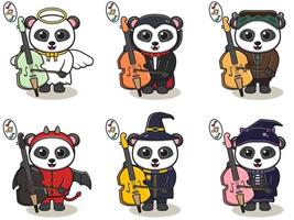 illustrazione vettoriale di panda carino con costume di halloween che suona il violoncello