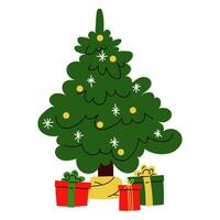 Natale albero con decorazioni e regalo scatole colorato piatto i regali per il vacanza. moderno design. Natale e nuovo anno elementi per decorazione. vettore illustrazione evidenziato su un' bianca sfondo