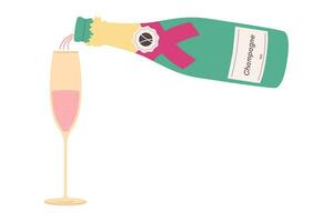 un' bottiglia di Champagne e un' bicchiere. versare Champagne in un' bicchiere. vettore illustrazione