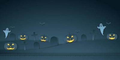 zucca di halloween con cimitero, pipistrello e fantasma, stile paper art vettore