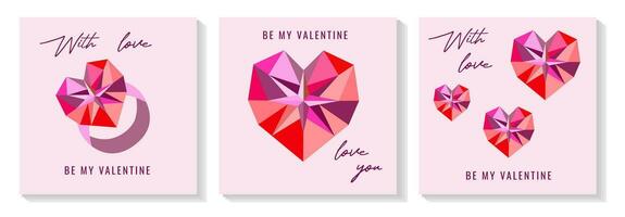 contento san valentino giorno saluto carta impostare. di moda amore e San Valentino carte con tipografia e bellissimo geometrico cristallo gioielleria cuori. minimo manifesto, coperchio, striscione, sociale media modello. vettore